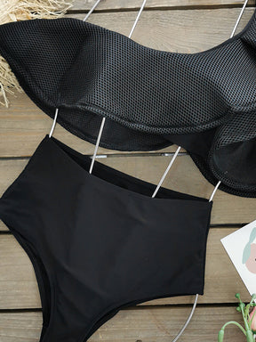 Falbala Lacy Solid Color Split-Joint One-Shoulder Bikini Swimsuit