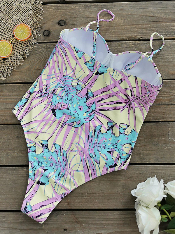 Contrast Color Leaves Print Padded Spaghetti-Neck One-Piece Swimwear