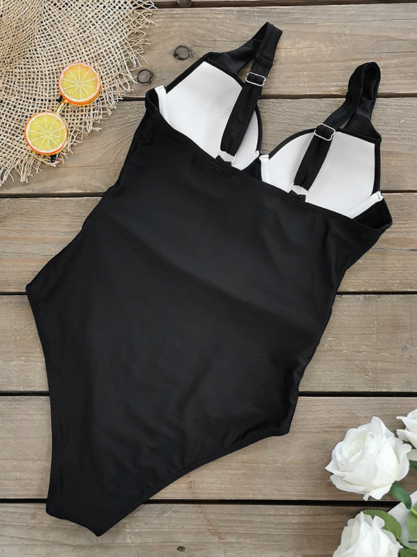 Belted Solid Color Padded Spaghetti-Neck One-Piece Swimwear