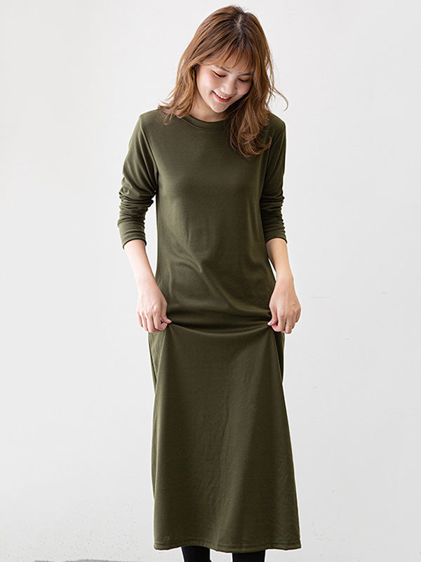 Simple Solid Color Round-Neck A-Line Midi Dress