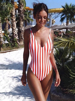 Backless Belly-Hollow Striped Padded Deep V-Neck One-Piece Swimwear