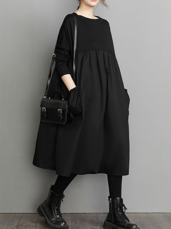Simple Loose Black Split-Joint Long Sleeves Midi Dress