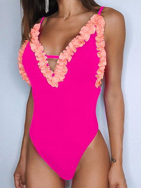 Padded Color-Block Hollow Lacy V-Neck One-Piece Swimwear