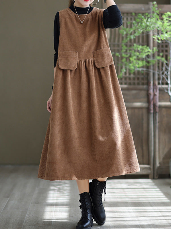 Vintage Solid Color A-Line Sleeveless Corduroy Midi Dress