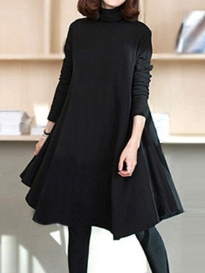 Solid Color Long Sleeves Loose High Neck Midi Dresses