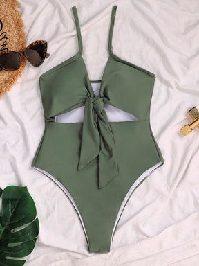 Bandage Belly-Hollow Solid Color Padded Deep V-Neck One-Piece Swimwear