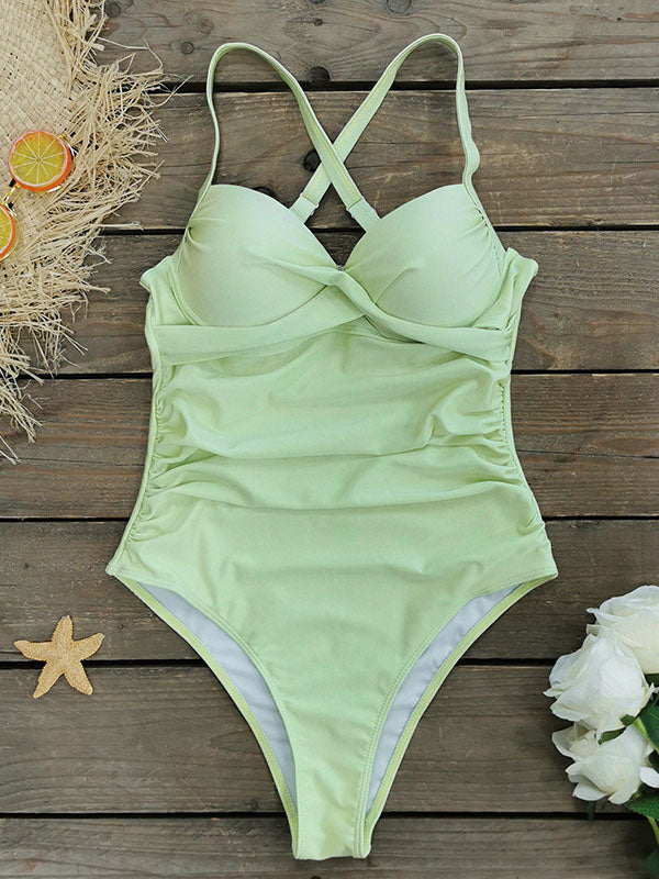 Back Cross Hollow Pleated Solid Color Padded One-Piece Swimwear