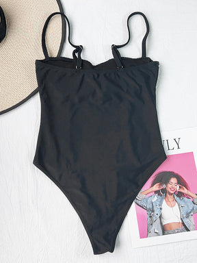 Solid Color Padded Spaghetti-Neck One-Piece Swimwear