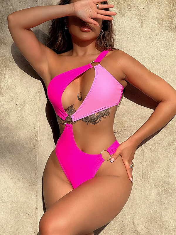 Belly-Hollow Color-Block Padded One-Shoulder One-Piece Swimwear