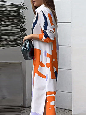 Buttoned Contrast Color Pockets Printed Split-Side Loose Wrap Shirt Dress