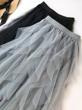 Solid Color Irregular Tiered Gauze Skirt
