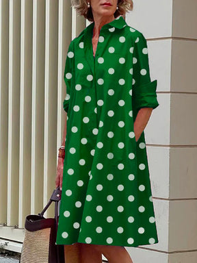 Vintage Long Sleeves Polka Dot Lapel Midi Dresses