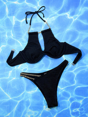 Bandage Belly-Hollow Buckle Solid Color Padded Halter-Neck Bikini Swimsuit