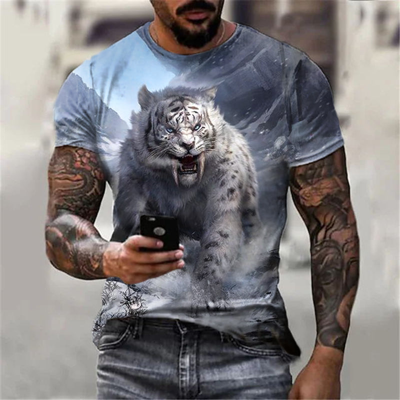 Men's White Tiger Print Round Neck Regular T-Shirt