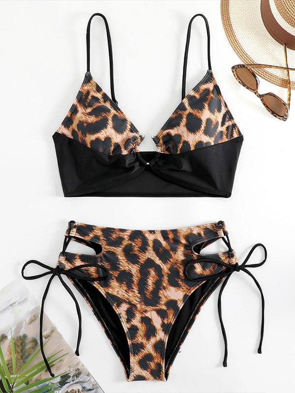 Bandage Hollow Leopard Padded Halter-Neck Bikini Swimsuit