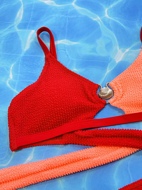 Bandage Color-Block Hollow Padded Spaghetti-Neck Bikini Swimsuit