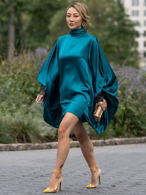 Going Out Loose Batwing Sleeves Buttoned Solid Color Mini Dresses
