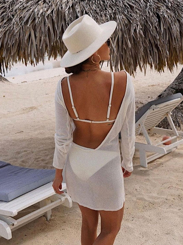 Backless Hollow Solid Color Long Sleeves Loose Cover-Ups Swimwear