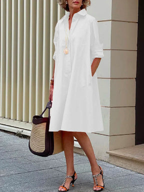 Simple Long Sleeves Solid Color Lapel Midi Dress