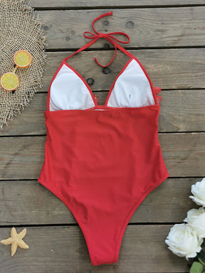 Padded Backless Contrast Color Lace-Up Split-Joint One-Piece Swimwear