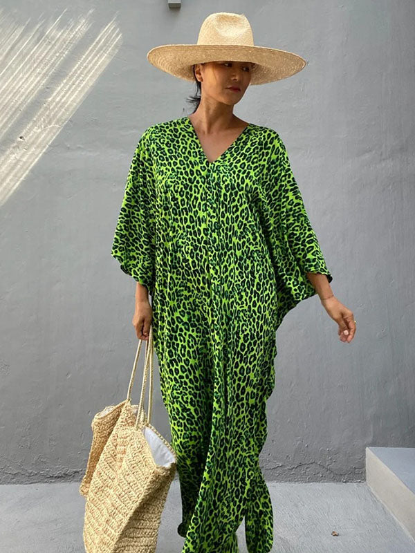 Green Leopard V-Neck Split-Side Batwing Sleeves Maxi Dress
