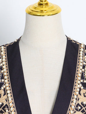 Original Creation Loose Long Sleeves Beads Printed V-Neck Blazer Outerwear