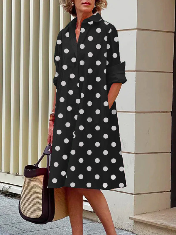 Vintage Long Sleeves Polka Dot Lapel Midi Dresses