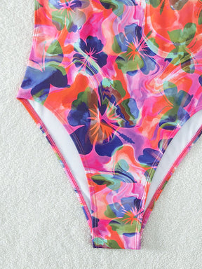 Floral Printed Hollow Multi-Colored Woven One-Piece Swimwear