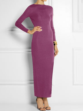 Long Sleeves Skinny Solid Color Split-Side Maxi Dresses