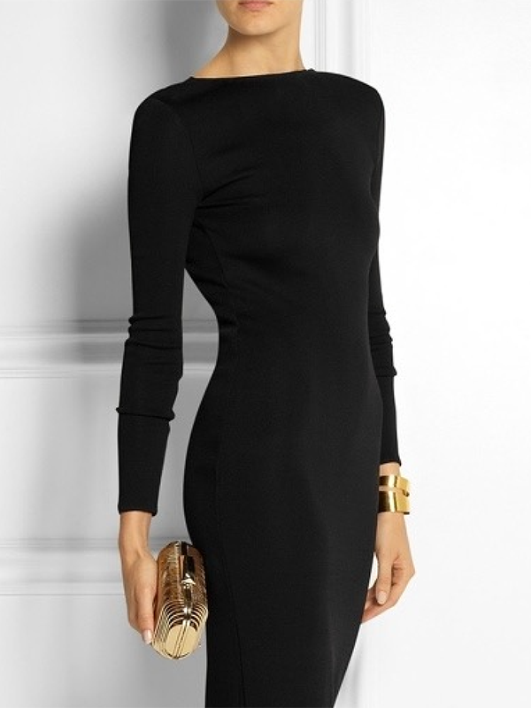 Long Sleeves Skinny Solid Color Split-Side Maxi Dresses