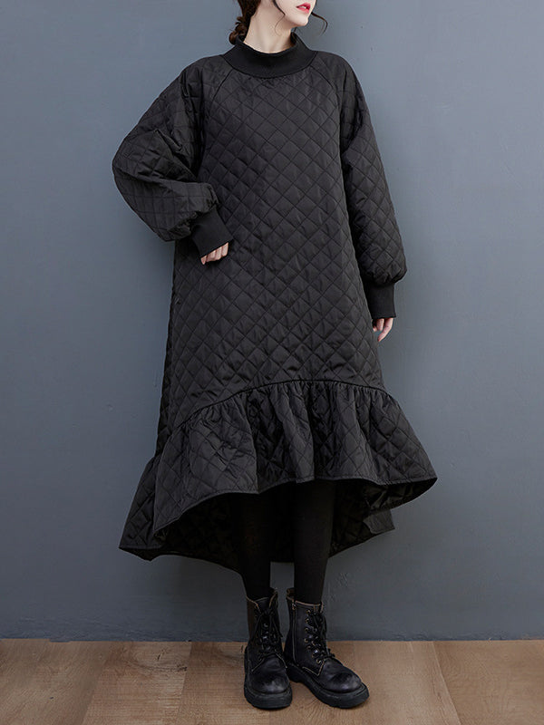 Casual Long Sleeves A-Line Rhombic Falbala High-Neck Midi Dresses
