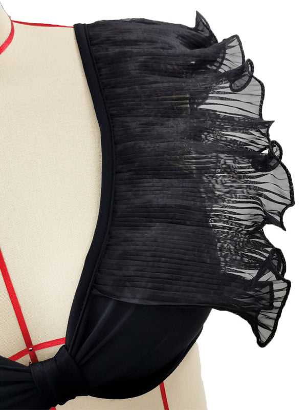 Bandage Mesh Pleated Solid Color Split-Joint Padded Deep V-Neck Bikini Swimsuit