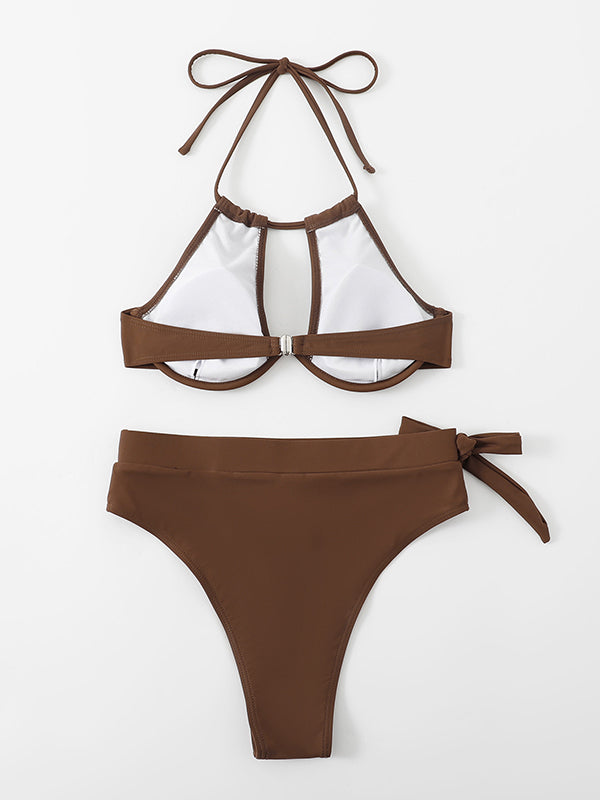 Backless Bandage Solid Color Padded Halter-Neck Bikini Swimsuit