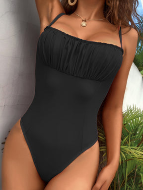 Solid Color Padded Spaghetti-Neck One-Piece Swimwear
