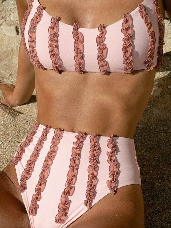 Padded Flower Hollow Lacy Wavy Stripes Bikini Swimsuit