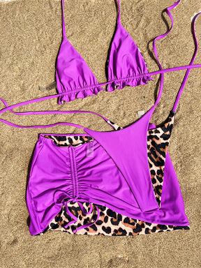 Three-piece Suit Backless Bandage Leopard Halter-Neck Reversible Bikini Swimsuit