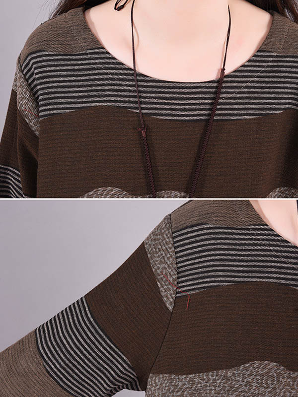 Artistic Retro Loose Ramie Cotton Striped Multi-Colored Round-Neck Long Sleeves Midi Dress