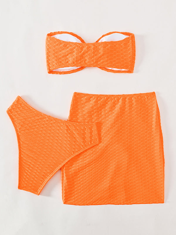 Three-piece Suit Padded Honeycomb Solid Color Tube Bikini Swimsuit