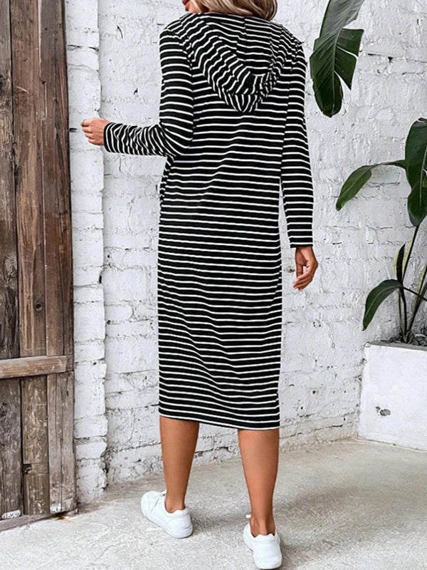 Drawstring Striped Zipper Long Sleeves Loose Hooded Midi Dresses