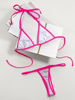 Padded Bandage Sequined Halter-Neck Bikini Swimsuit