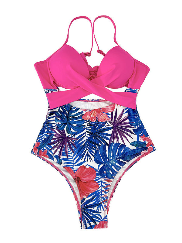 Bandage Contrast Color Flower Print Hollow Padded One-Piece Swimwear