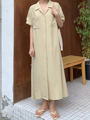 Vintage Solid Color Short Sleeve Loose Casual Midi Dress