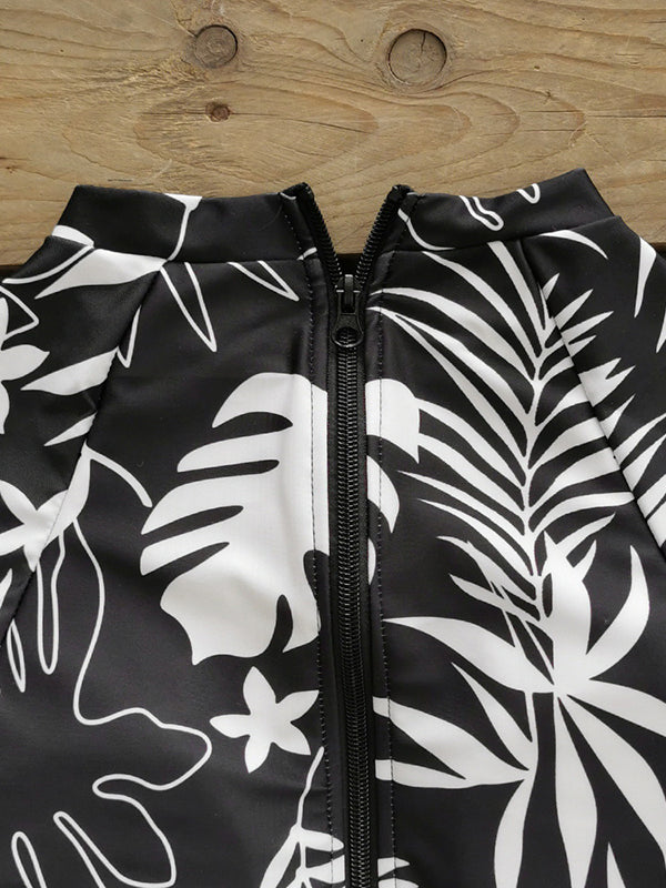 Long Sleeves Color-Block Floral Printed Zipper One-Piece Swimwear