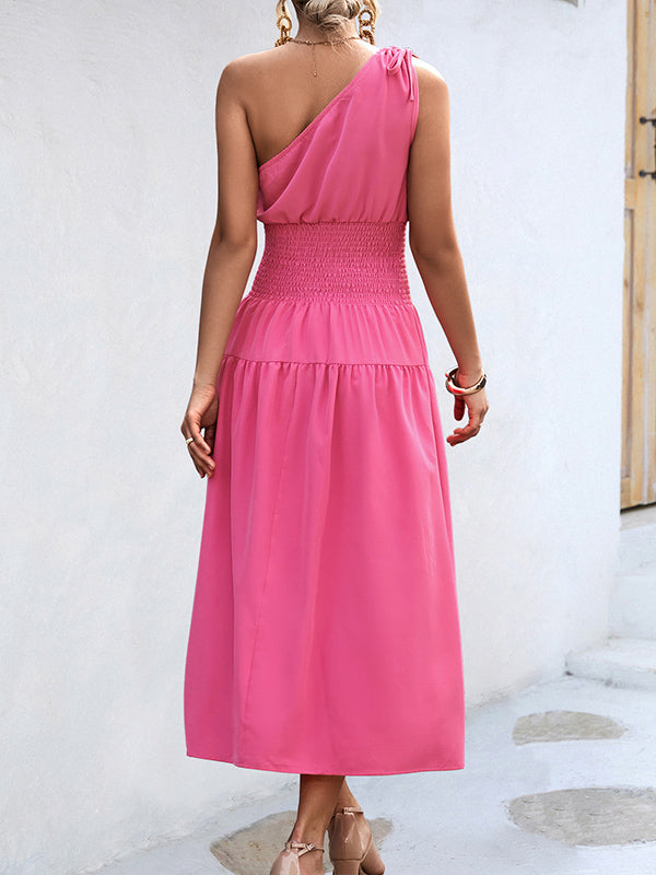 Solid Color Sleeveless One-shoulder Midi Dresses