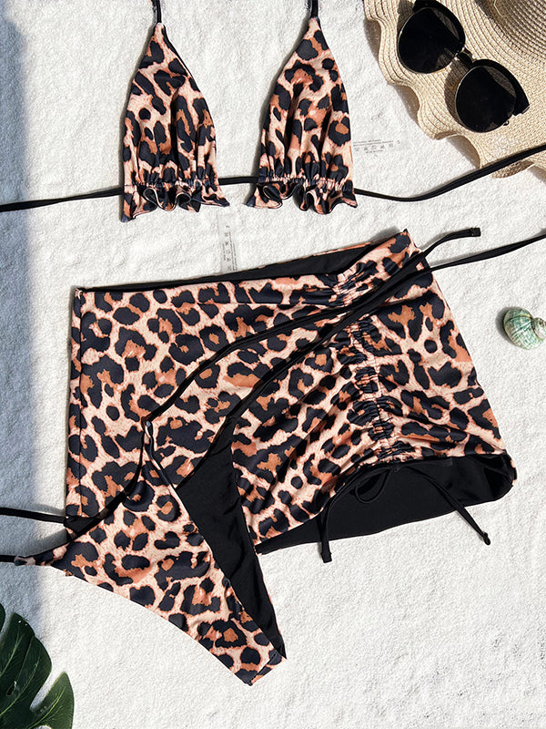 Three-piece Suit Backless Bandage Leopard Halter-Neck Reversible Bikini Swimsuit