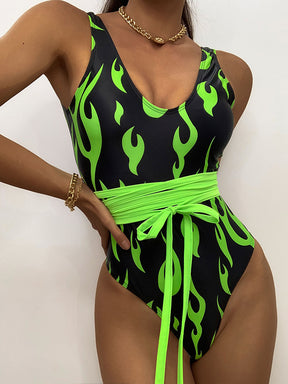 Contrast Color Printed Padded One-Piece Swimwear