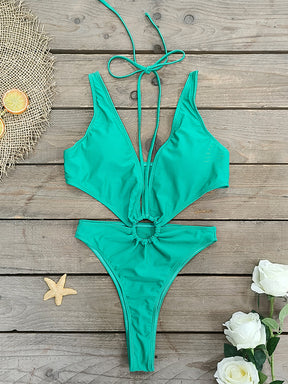 Bandage Belly-Hollow Solid Color Padded Halter-Neck One-Piece Swimwear