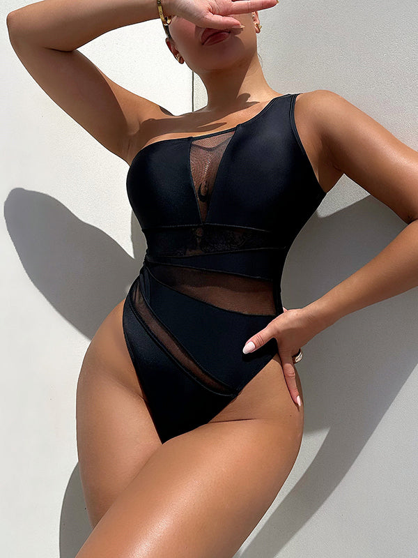 Solid Color Split-Joint Padded One-Shoulder One-Piece Swimwear