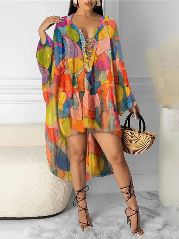 Batwing Sleeves High-Low Contrast Color Printed Round-Neck Midi Dresses