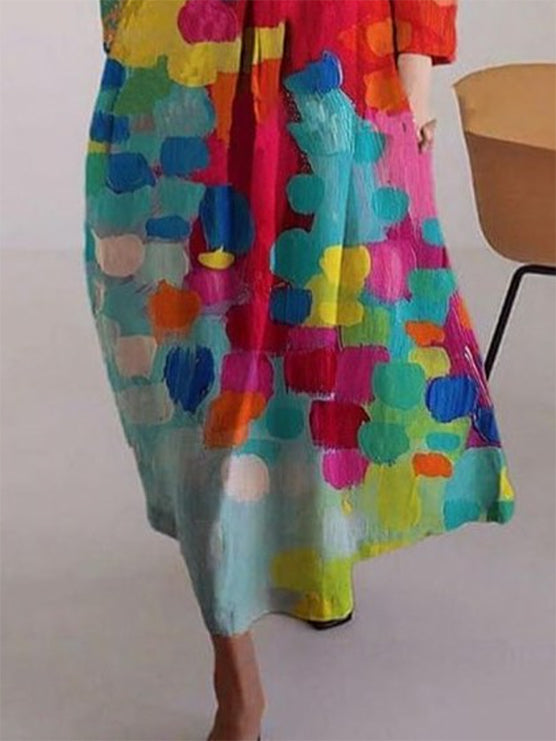 Loose Colorful Contrast Color Printed Round-Neck Midi Dresses